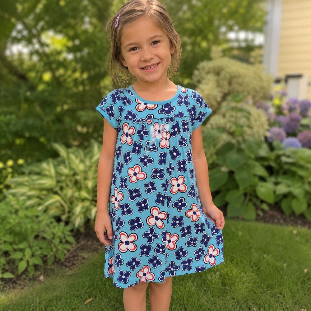 Hanna Andersson Floral Cotton Knit Dress Size 110 / US 5 Blue SS13 Peru